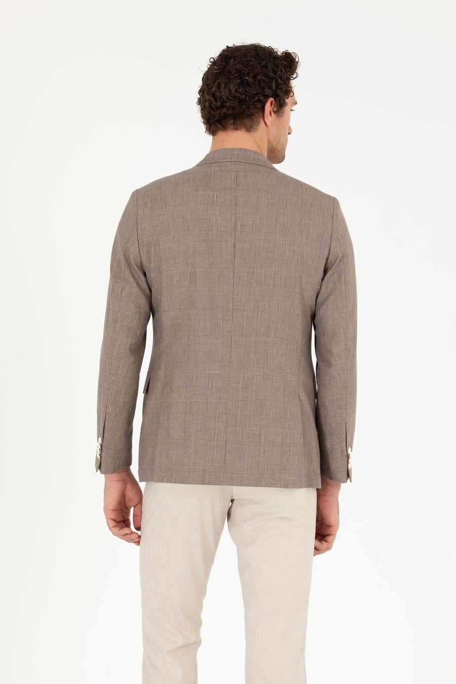 Kahverengi Slim Fit Keten Karışımlı Ceket - 50265204083