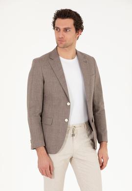 Kahverengi Slim Fit Keten Karışımlı Ceket