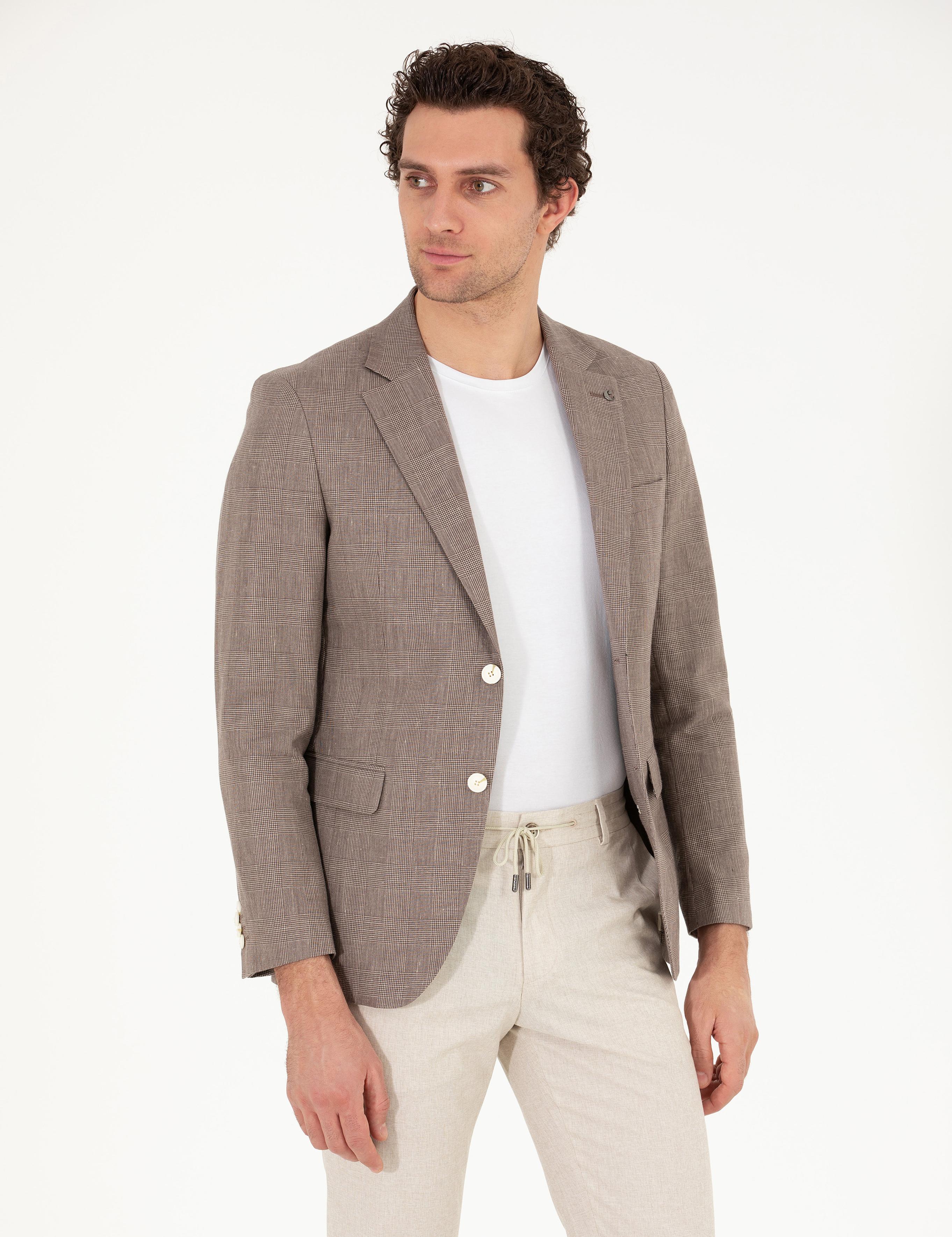 Kahverengi Slim Fit Keten Karışımlı Ceket - 50265204083