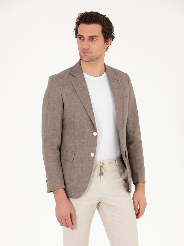 Kahverengi Slim Fit Keten Karışımlı Ceket