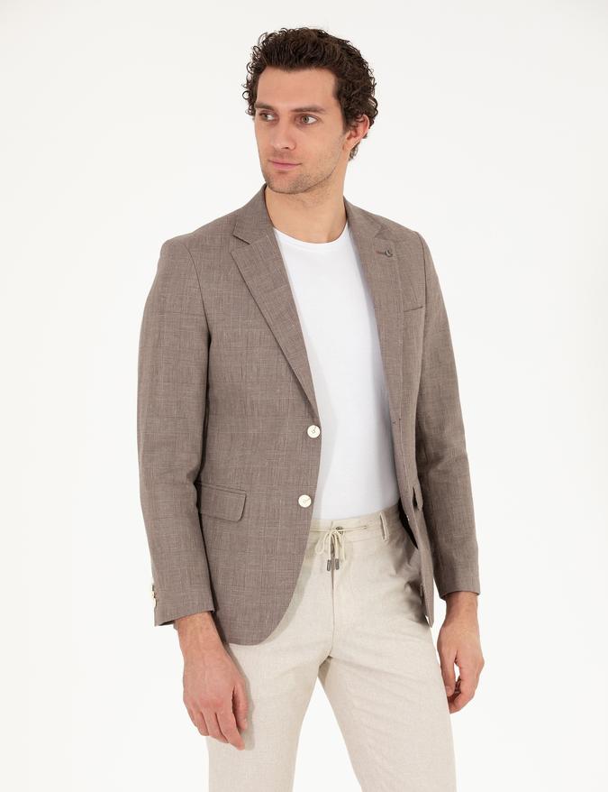 Kahverengi Slim Fit Keten Karışımlı Ceket