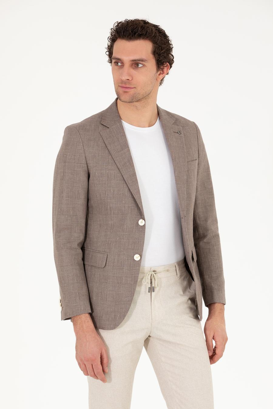 Kahverengi Slim Fit Keten Karışımlı Ceket - 50265204083