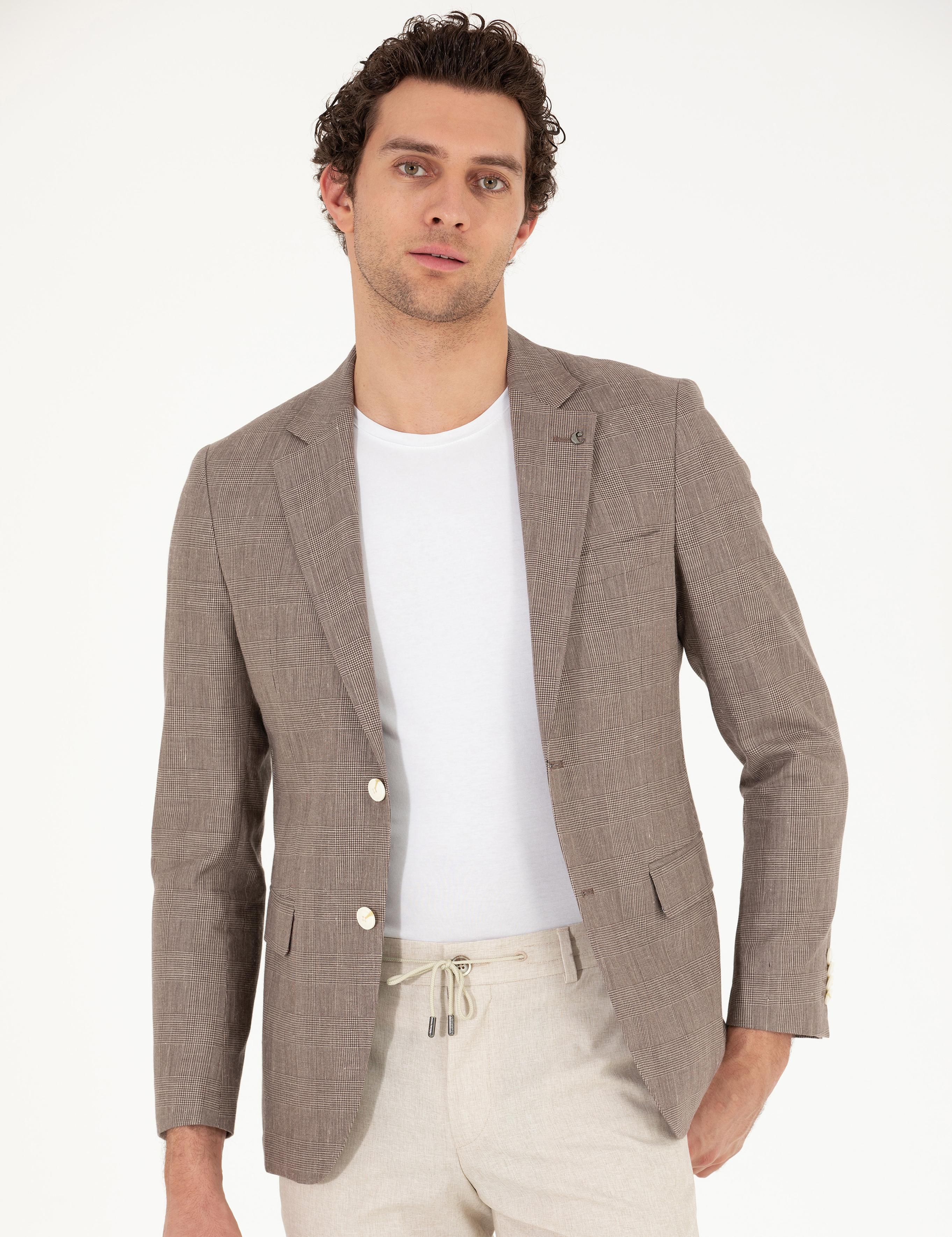 Kahverengi Slim Fit Keten Karışımlı Ceket - 50265204083