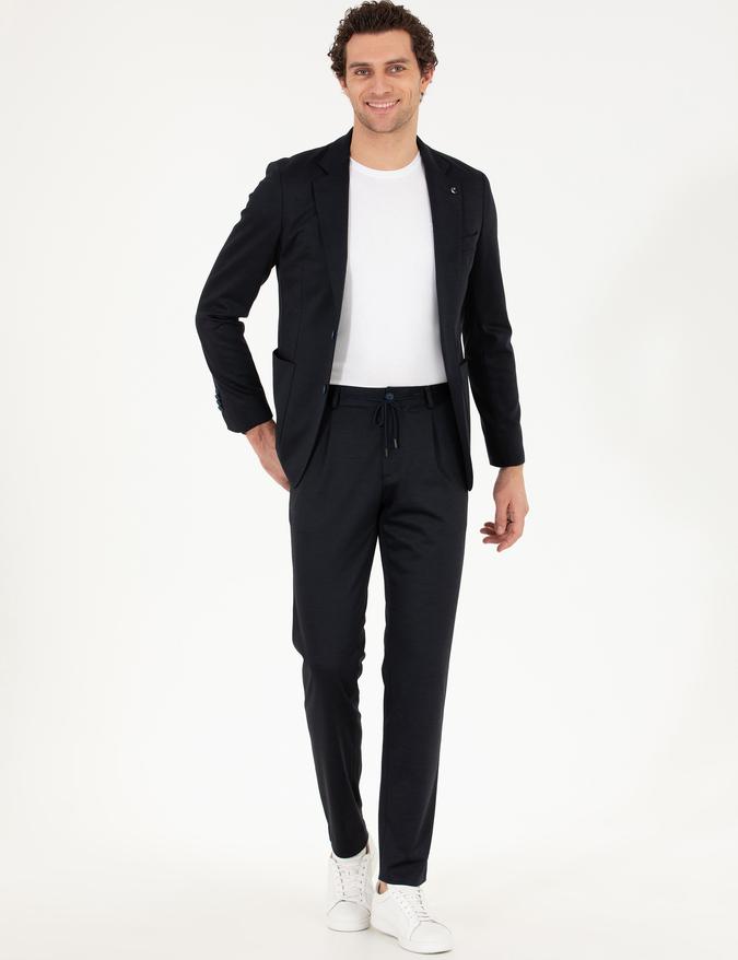 Lacivert Slim Fit Yün Karışımlı Kumaş Pantolon