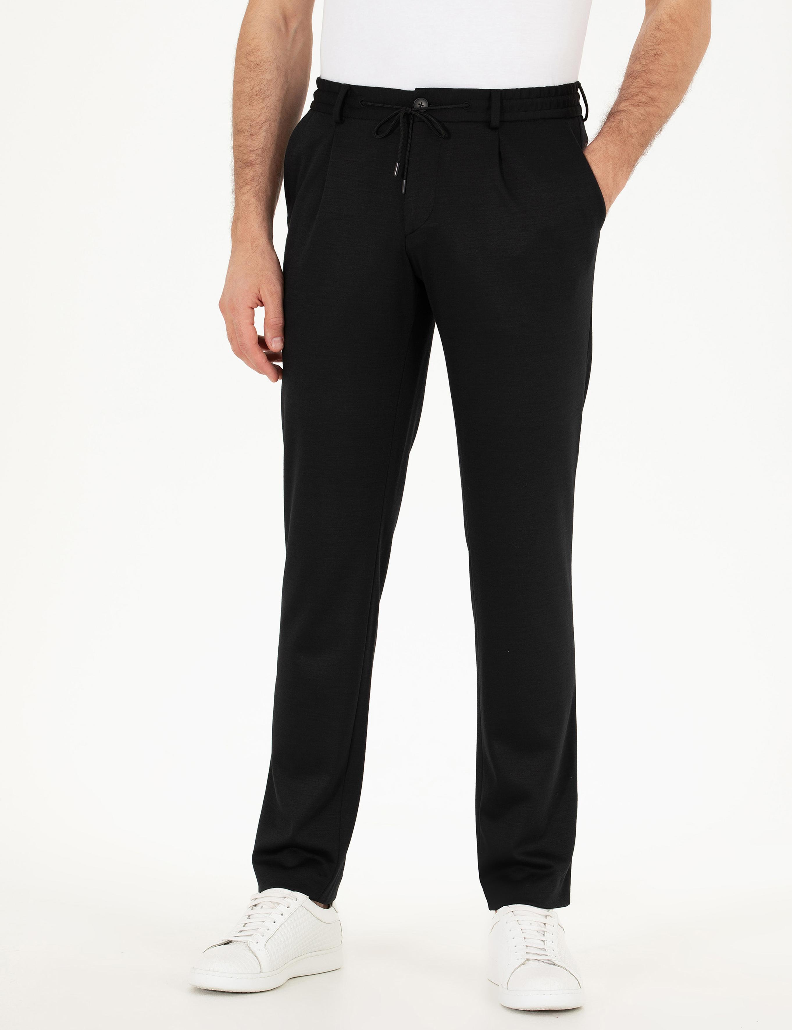 Siyah Slim Fit Yün Karışımlı Kumaş Pantolon - 50265279052