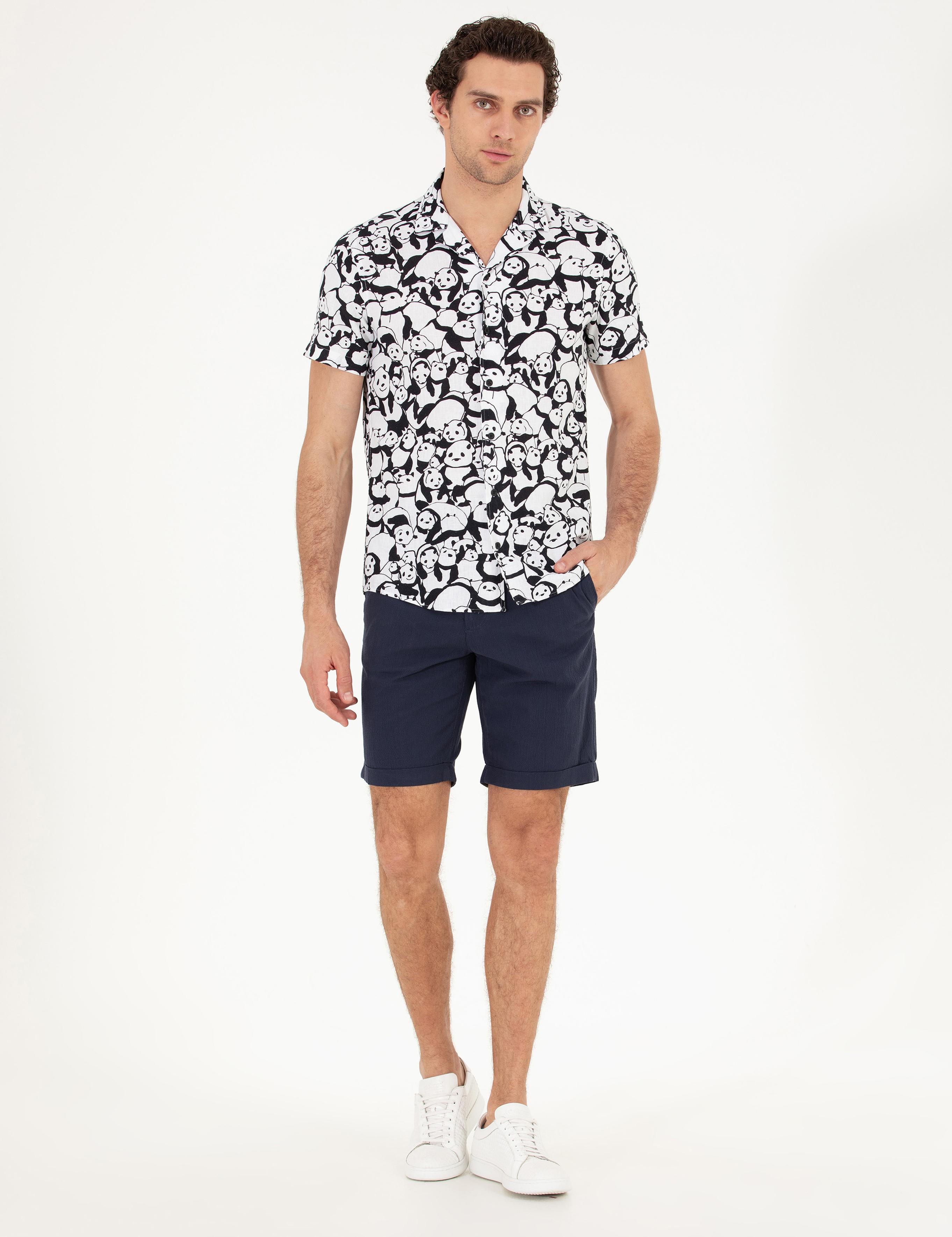 Siyah Slim Fit Keten Karışımlı Kısakol Gömlek - 50265490056