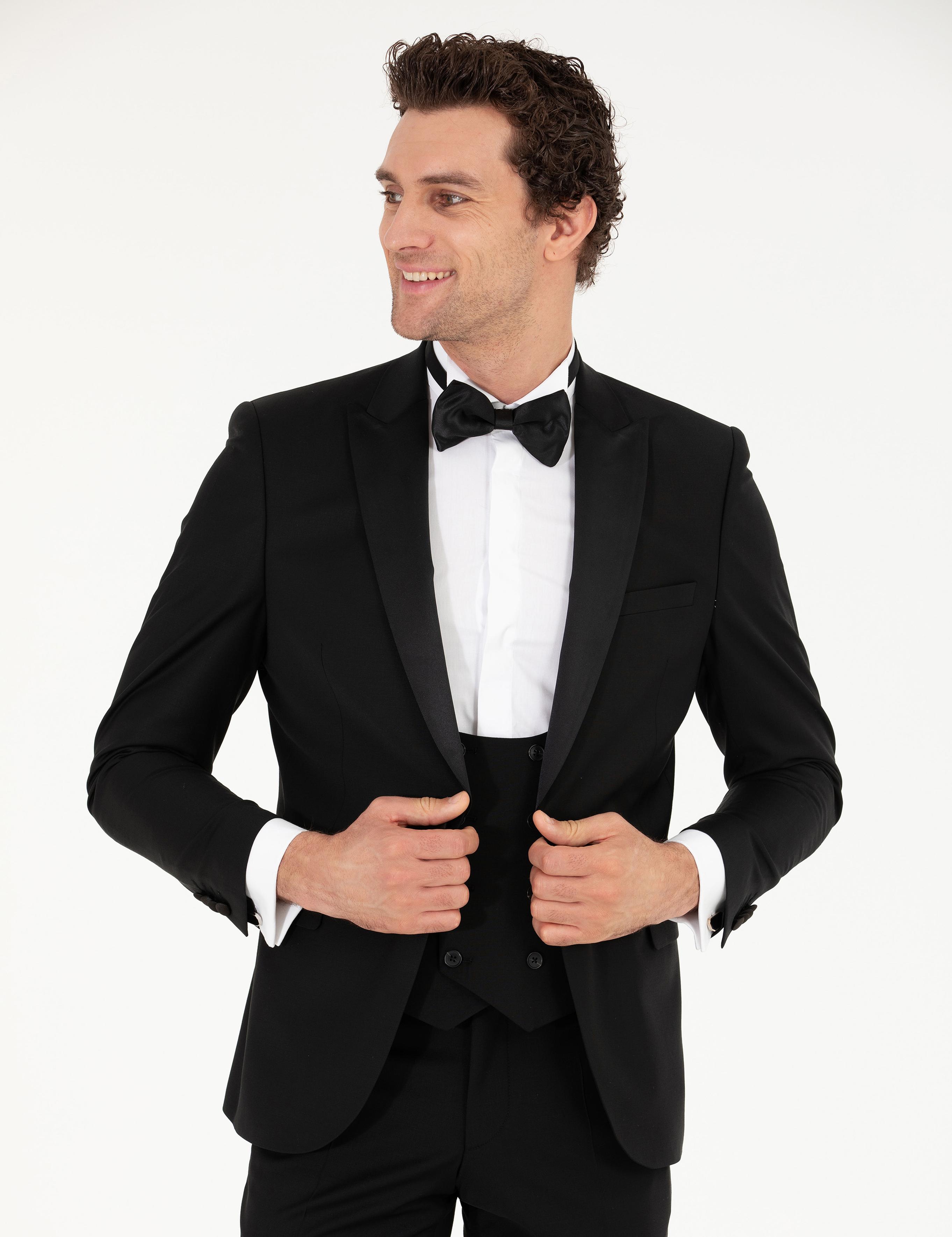 Siyah Slim Fit Yelekli Smokin Damatlık - 50267710008