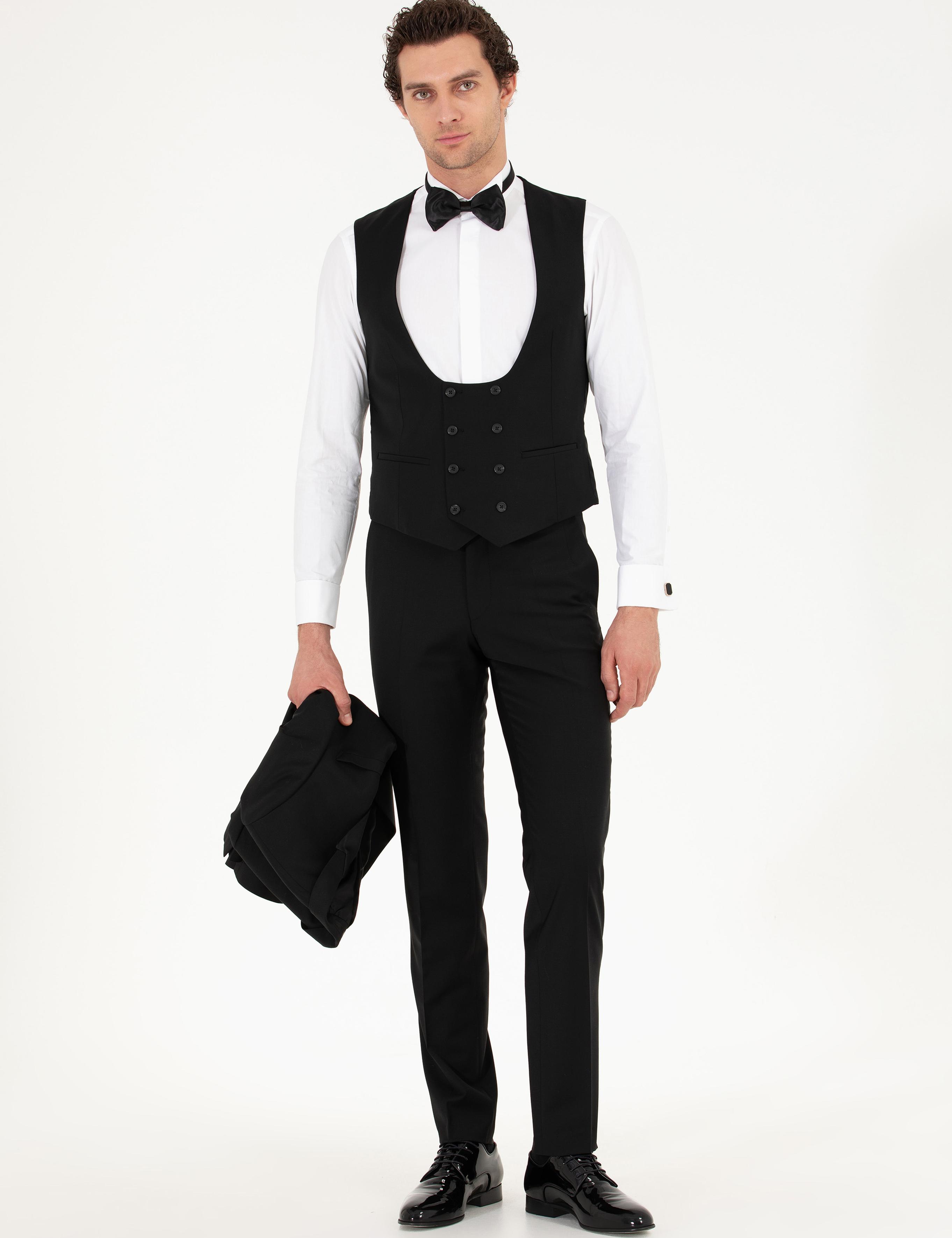 Siyah Slim Fit Yelekli Smokin Damatlık - 50267710008