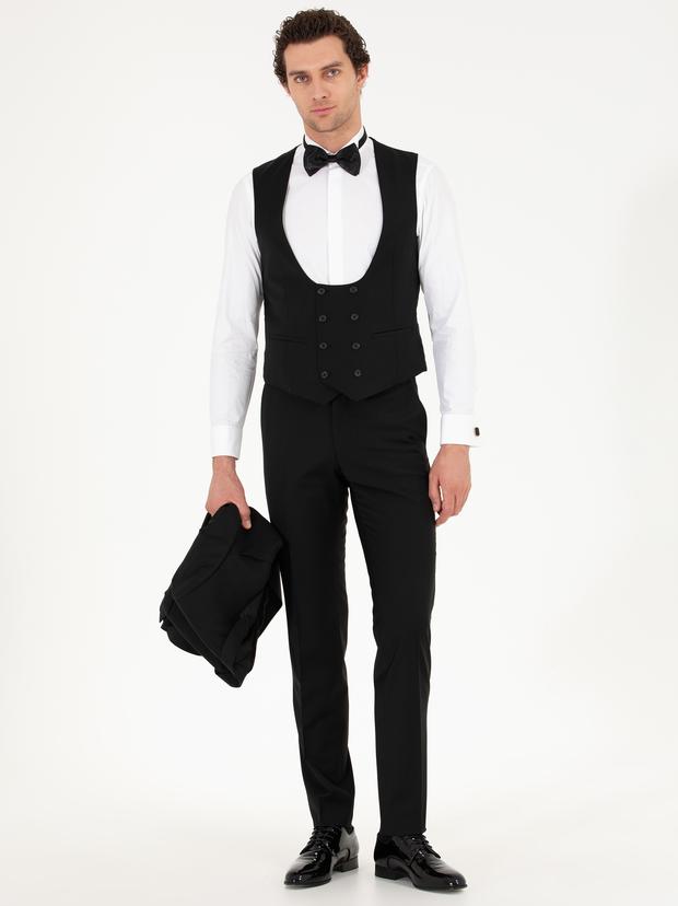 Siyah Slim Fit Yelekli Smokin Damatlık