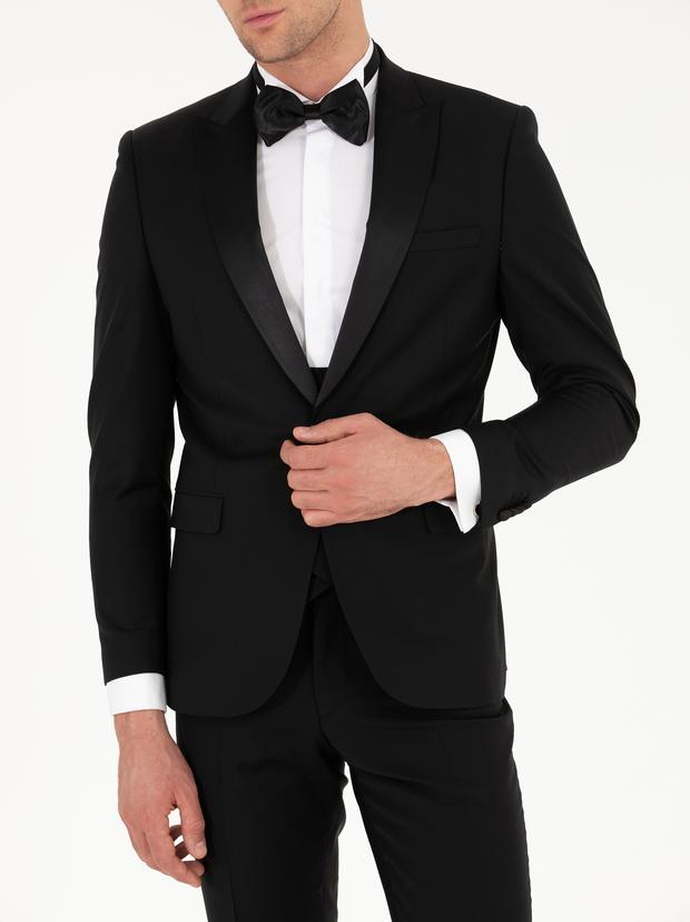 Siyah Slim Fit Yelekli Smokin Damatlık