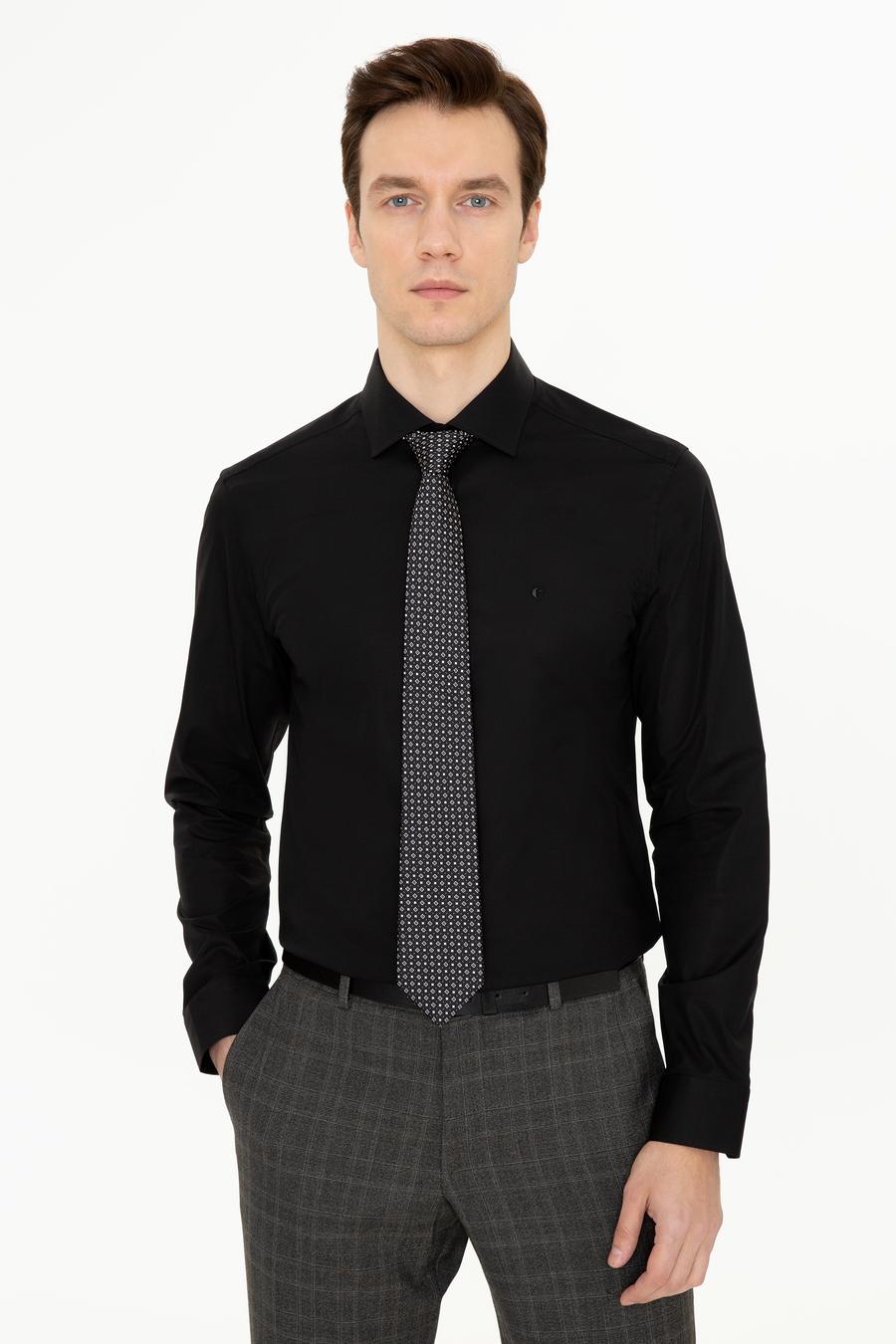 Siyah Slim Fit Uzun Kollu Basic Gömlek - 50235535059