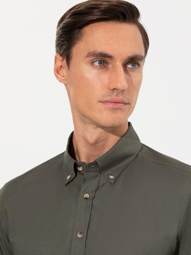 Koyu Haki Slim Fit Uzun Kollu Gömlek