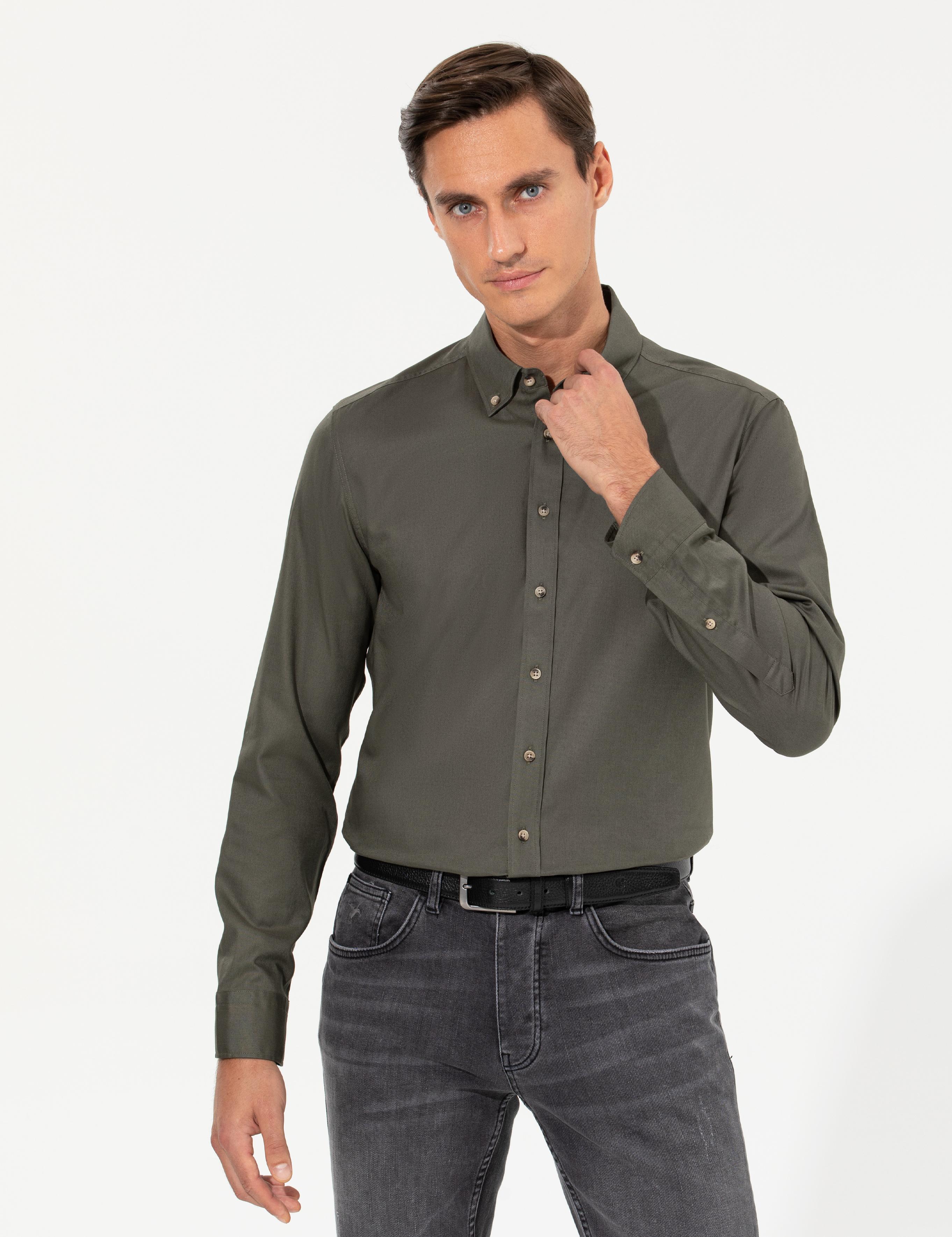 Koyu Haki Slim Fit Uzun Kollu Gömlek - 50250841214