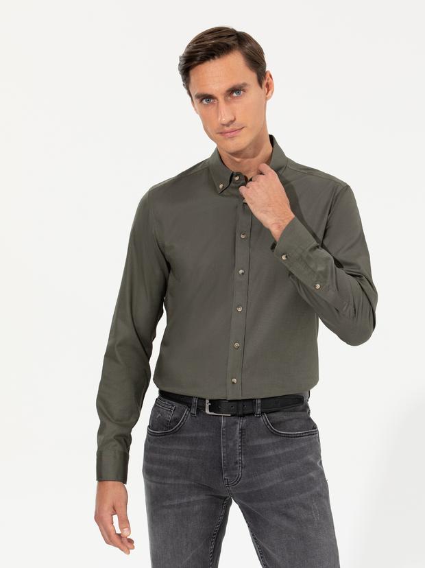 Koyu Haki Slim Fit Uzun Kollu Gömlek