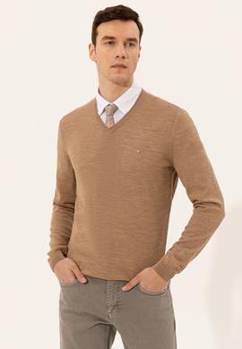 Camel Slim Fit V Yaka Basic Triko Kazak