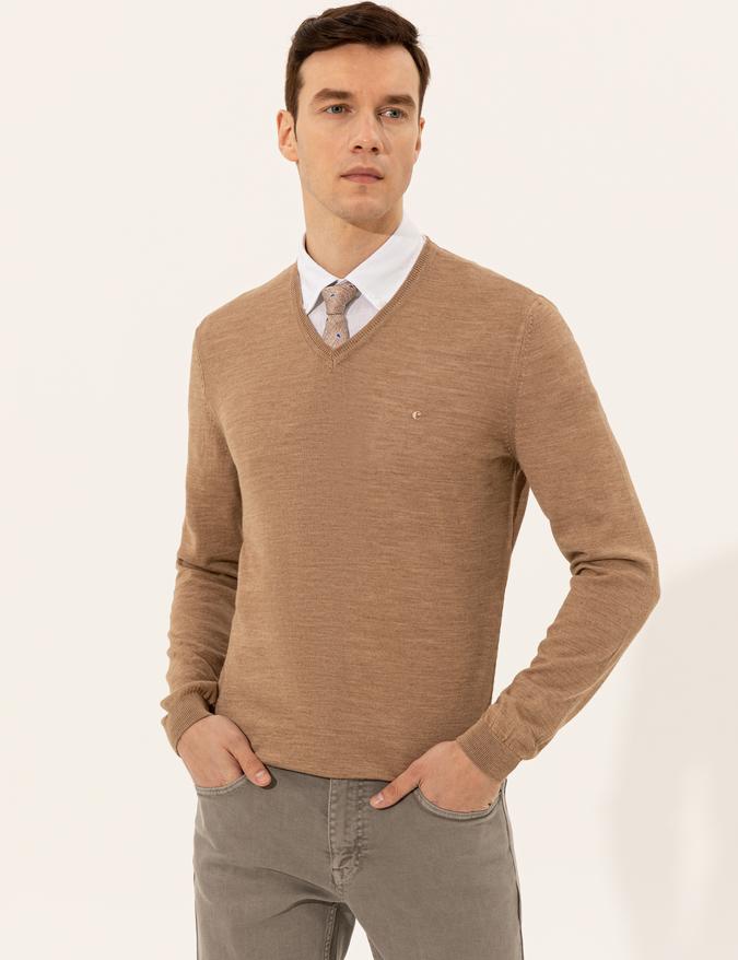 Camel Slim Fit V Yaka Basic Triko Kazak
