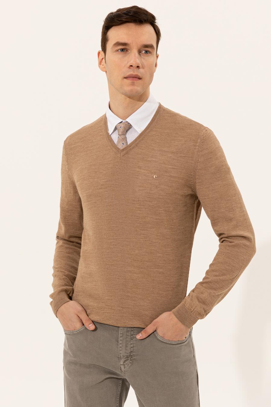 Camel Slim Fit V Yaka Basic Triko Kazak - 50229755070