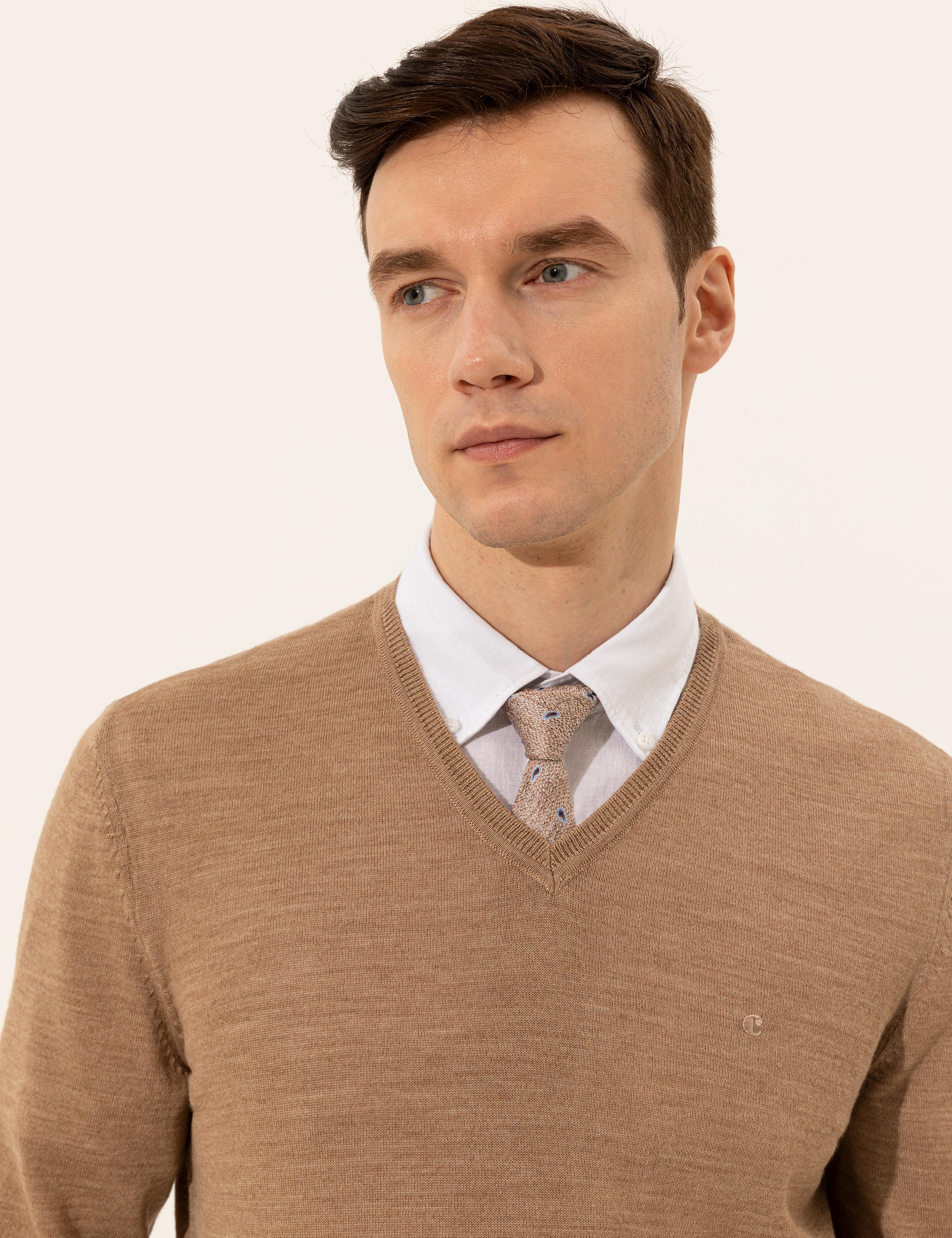 Camel Slim Fit V Yaka Basic Triko Kazak - 50229755070