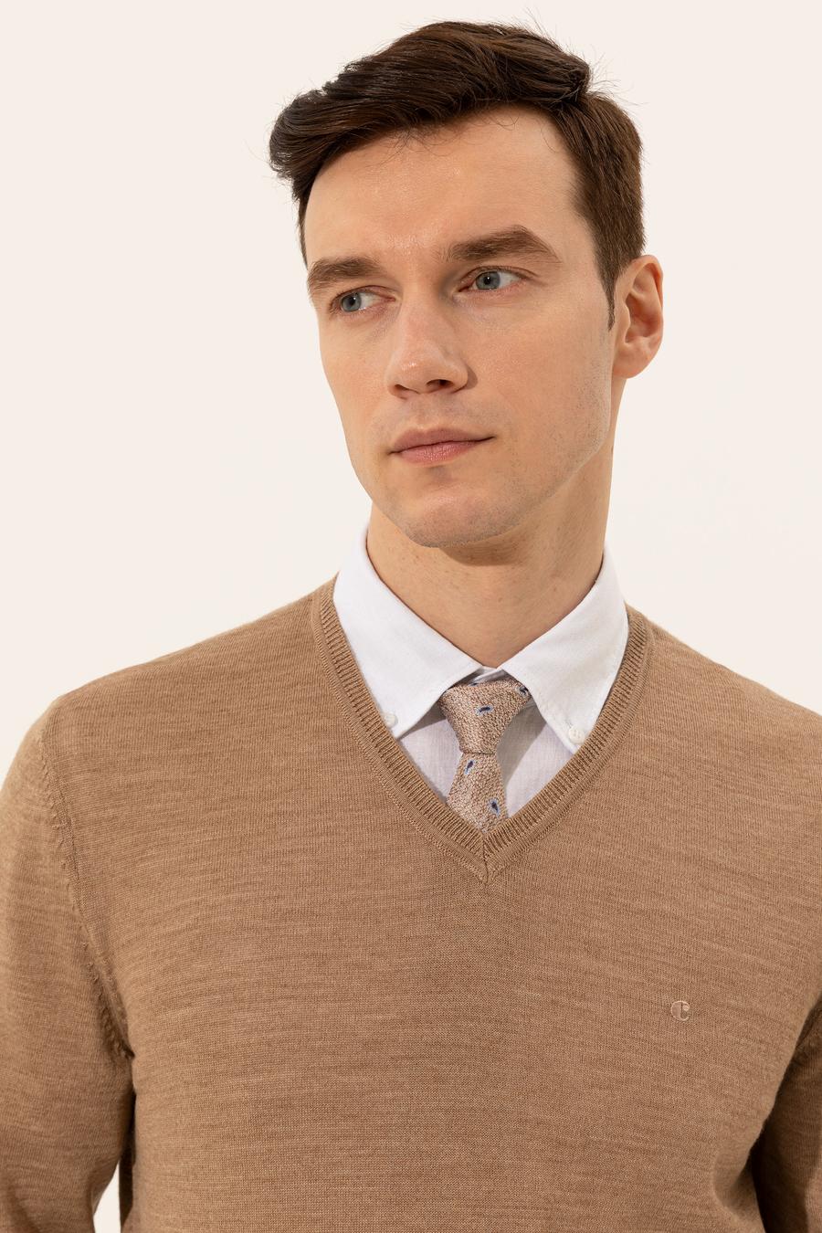 Camel Slim Fit V Yaka Basic Triko Kazak - 50229755070