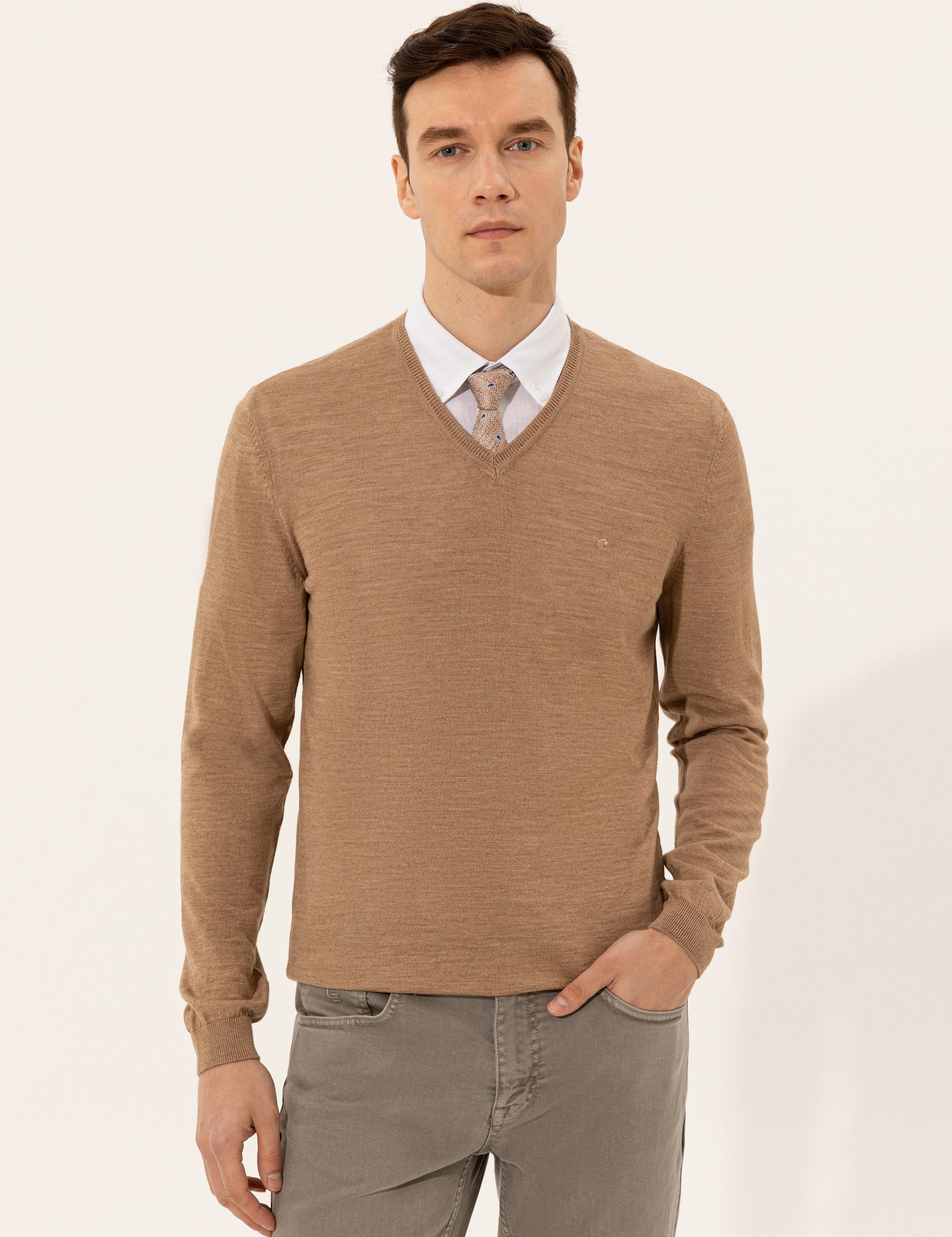 Camel Slim Fit V Yaka Basic Triko Kazak - 50229755070