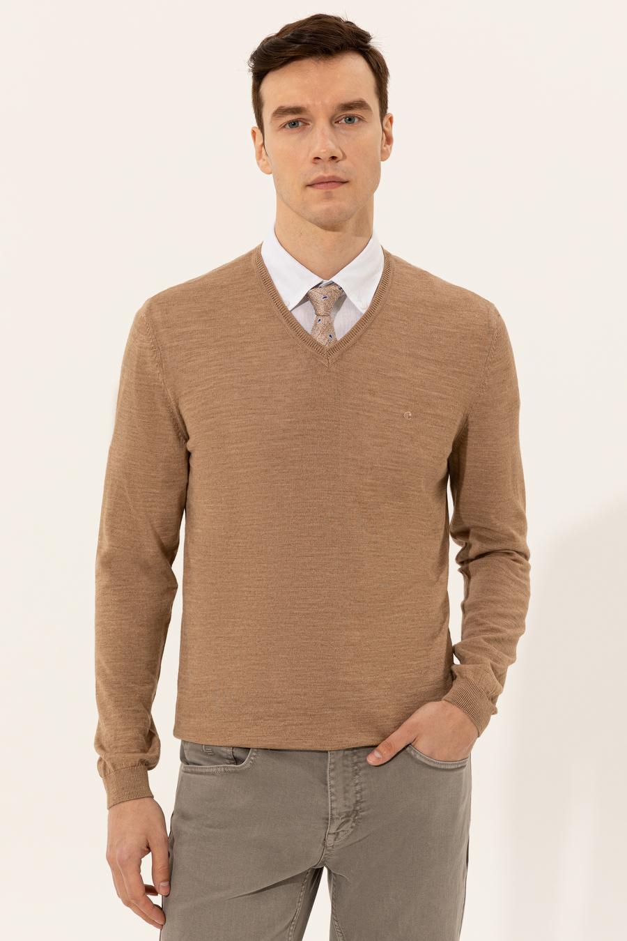Camel Slim Fit V Yaka Basic Triko Kazak - 50229755070