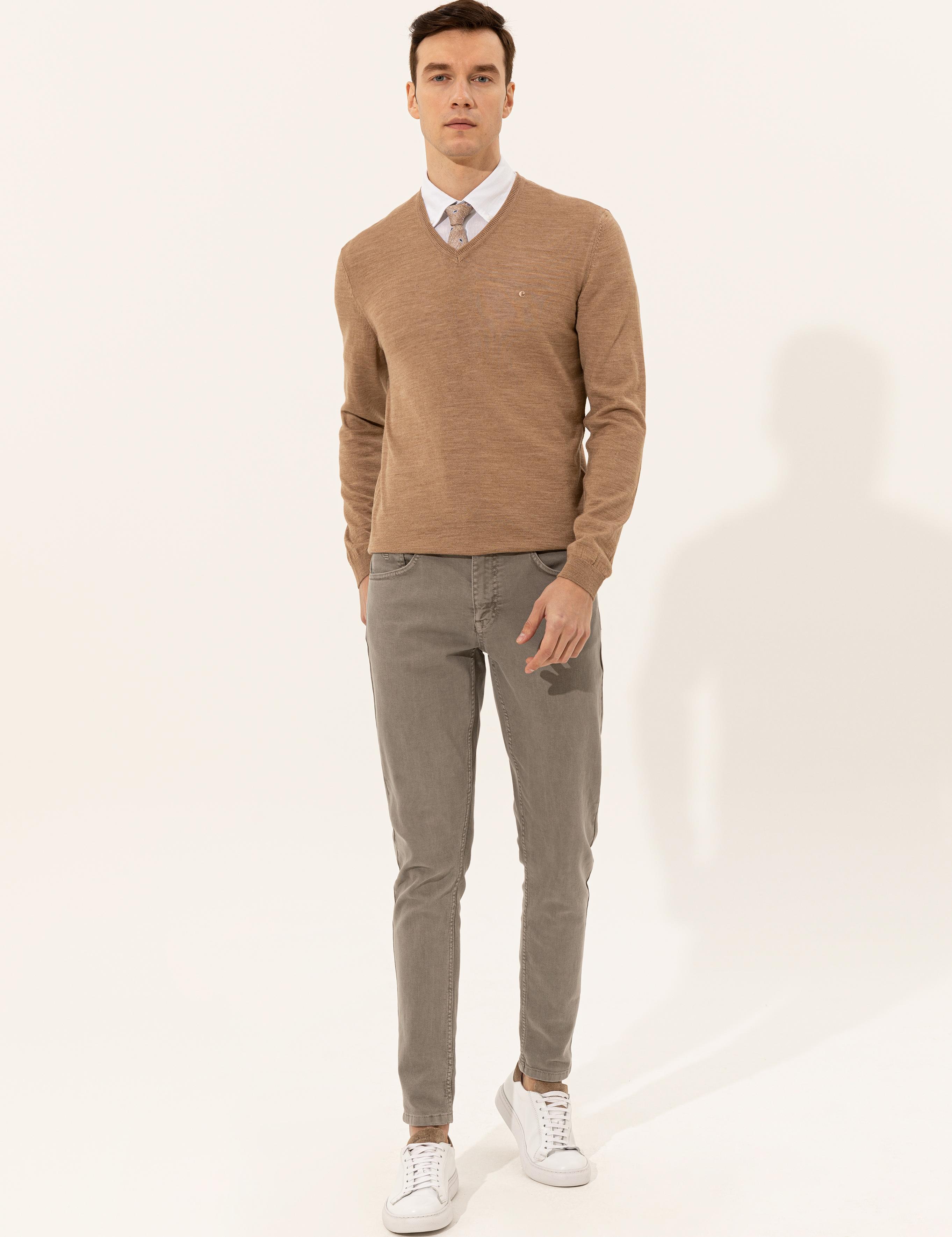 Camel Slim Fit V Yaka Basic Triko Kazak - 50229755070