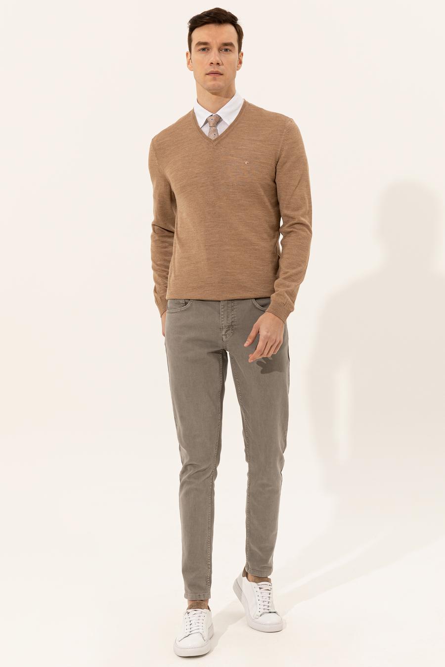 Camel Slim Fit V Yaka Basic Triko Kazak - 50229755070