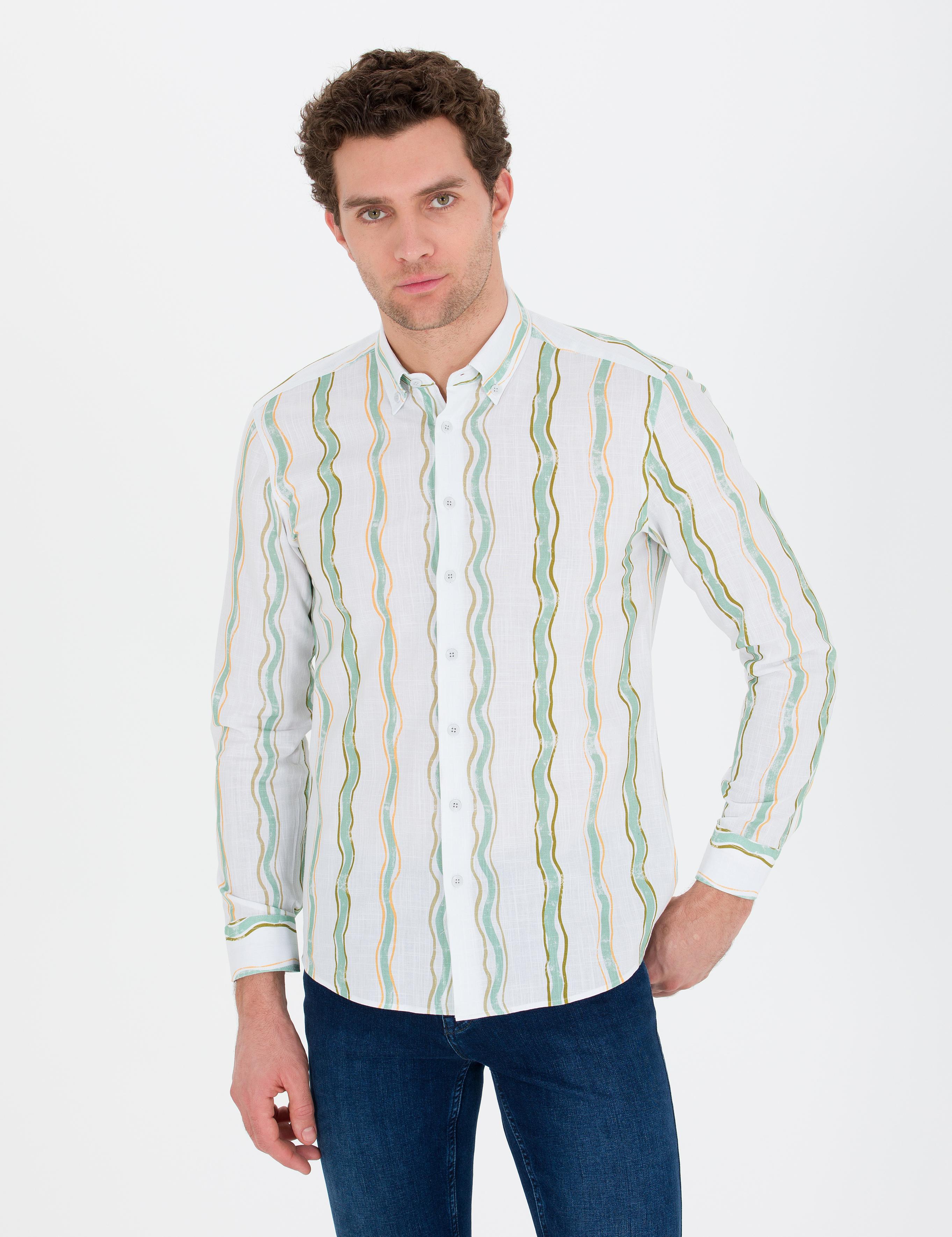 Yeşil Slim Fit %100 Pamuklu Çizgili Gömlek - 50265585040
