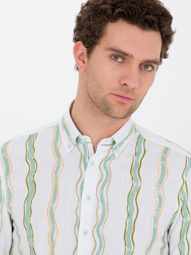 Yeşil Slim Fit %100 Pamuklu Çizgili Gömlek