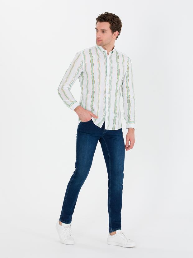 Yeşil Slim Fit %100 Pamuklu Çizgili Gömlek