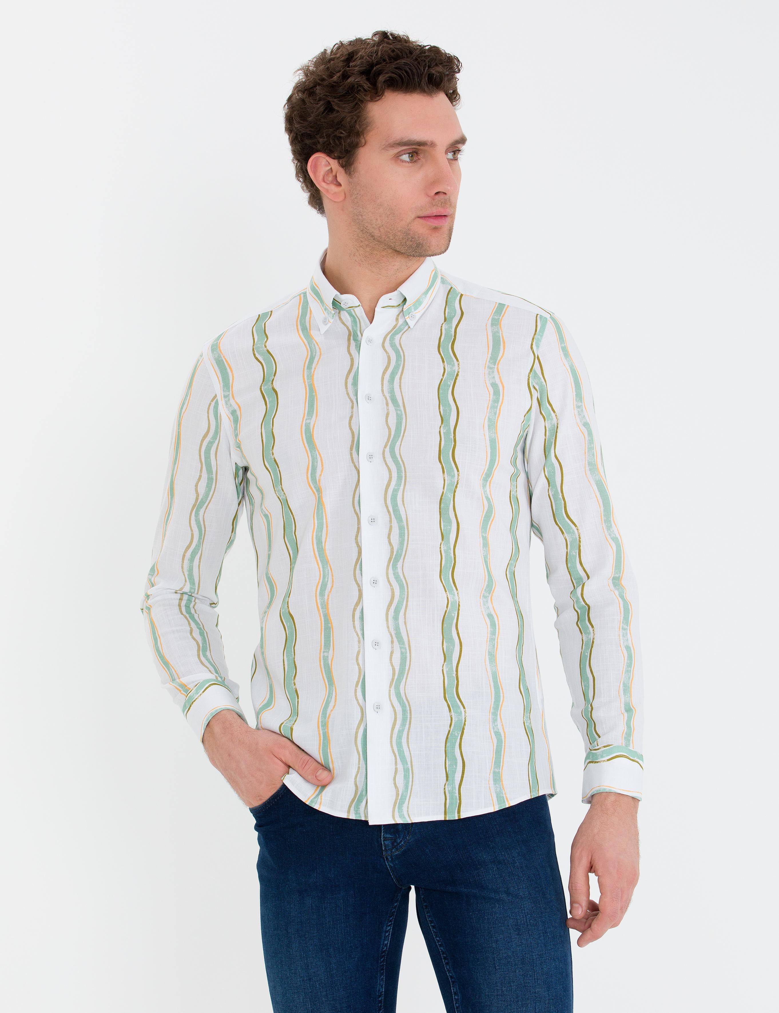 Yeşil Slim Fit %100 Pamuklu Çizgili Gömlek - 50265585040