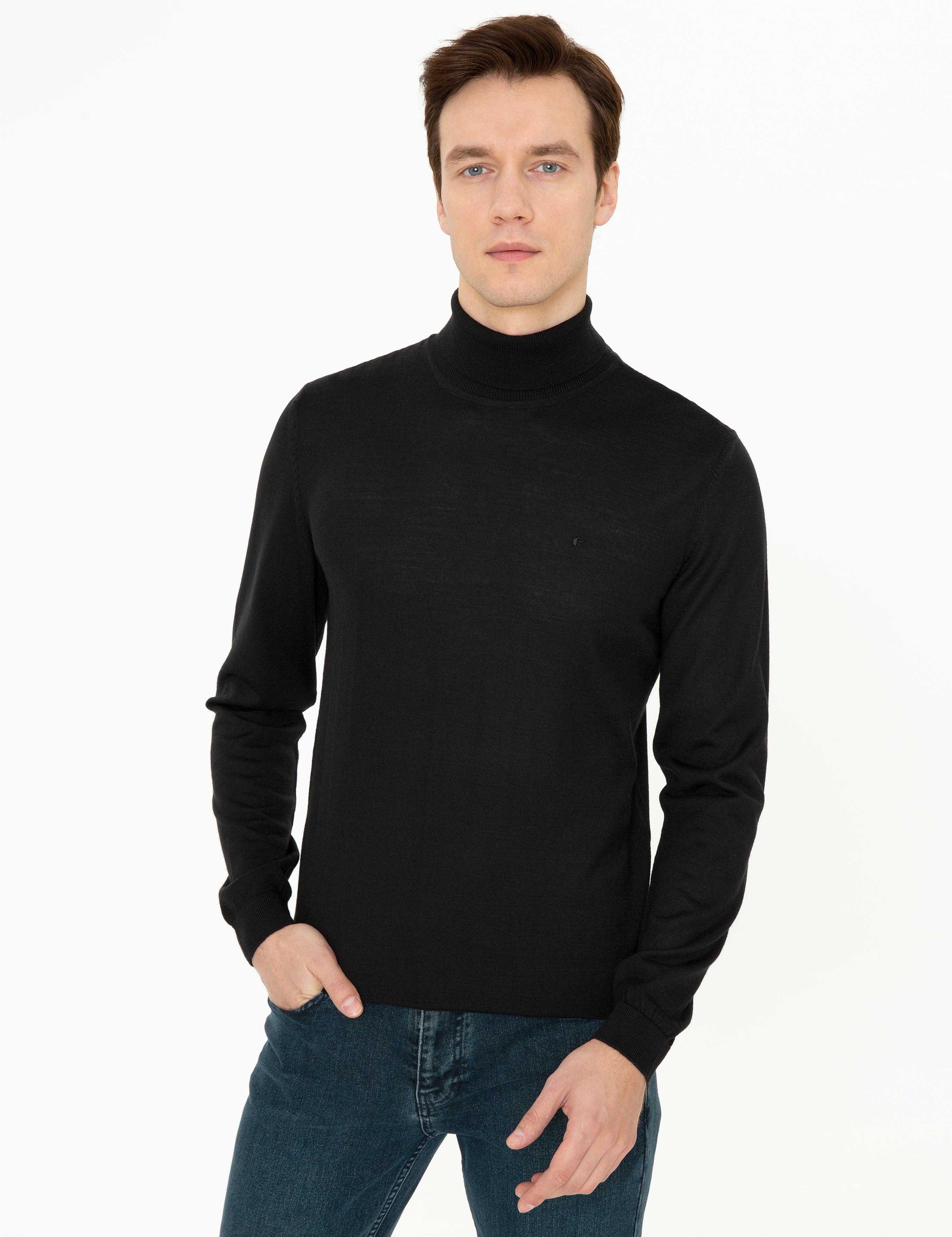 Siyah Slim Fit Balıkçı Yaka Basic Triko Kazak - 50237052006