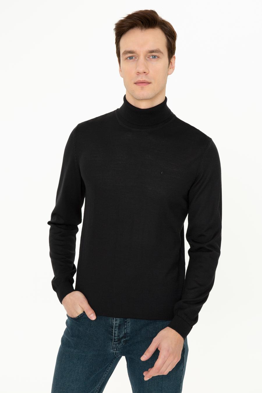 Siyah Slim Fit Balıkçı Yaka Basic Triko Kazak - 50237052006