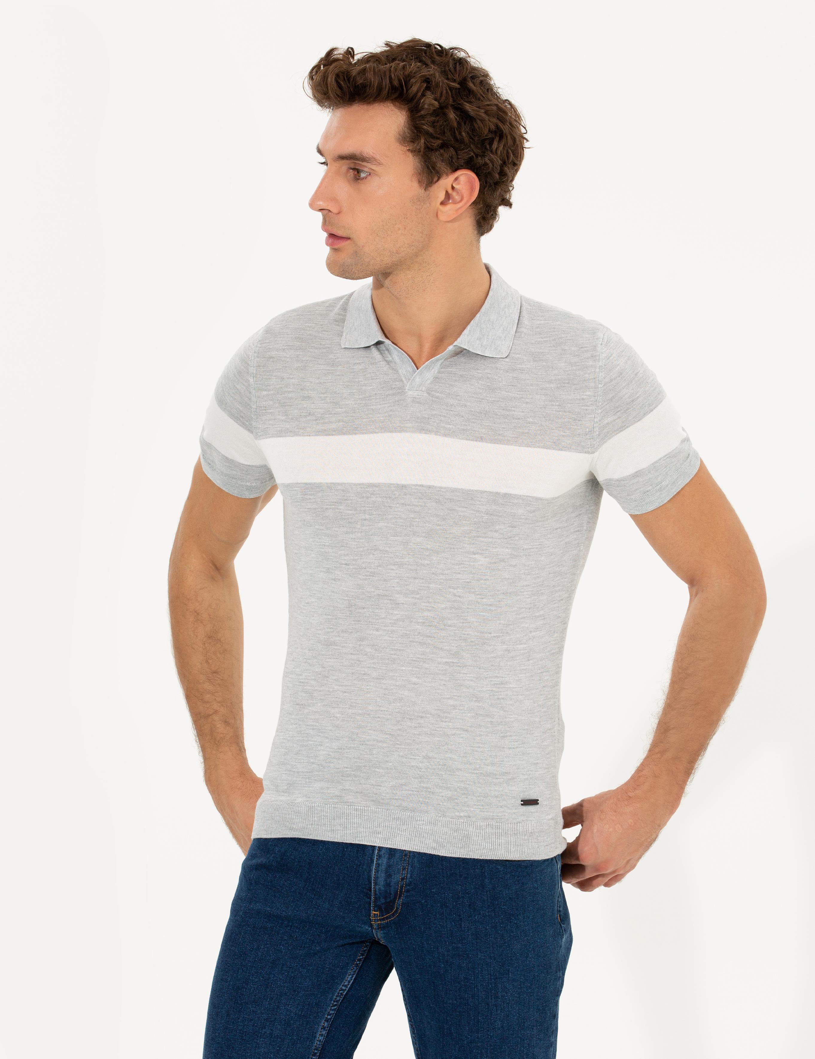 Açık Gri Slim Fit Polo Yaka Triko T-Shirt - 50247015027
