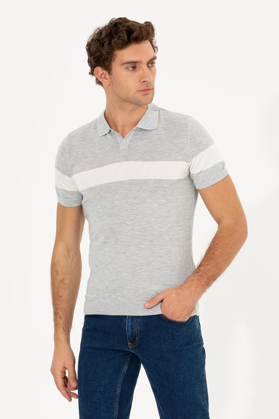 Açık Gri Slim Fit Polo Yaka Triko T-Shirt - 50247015027