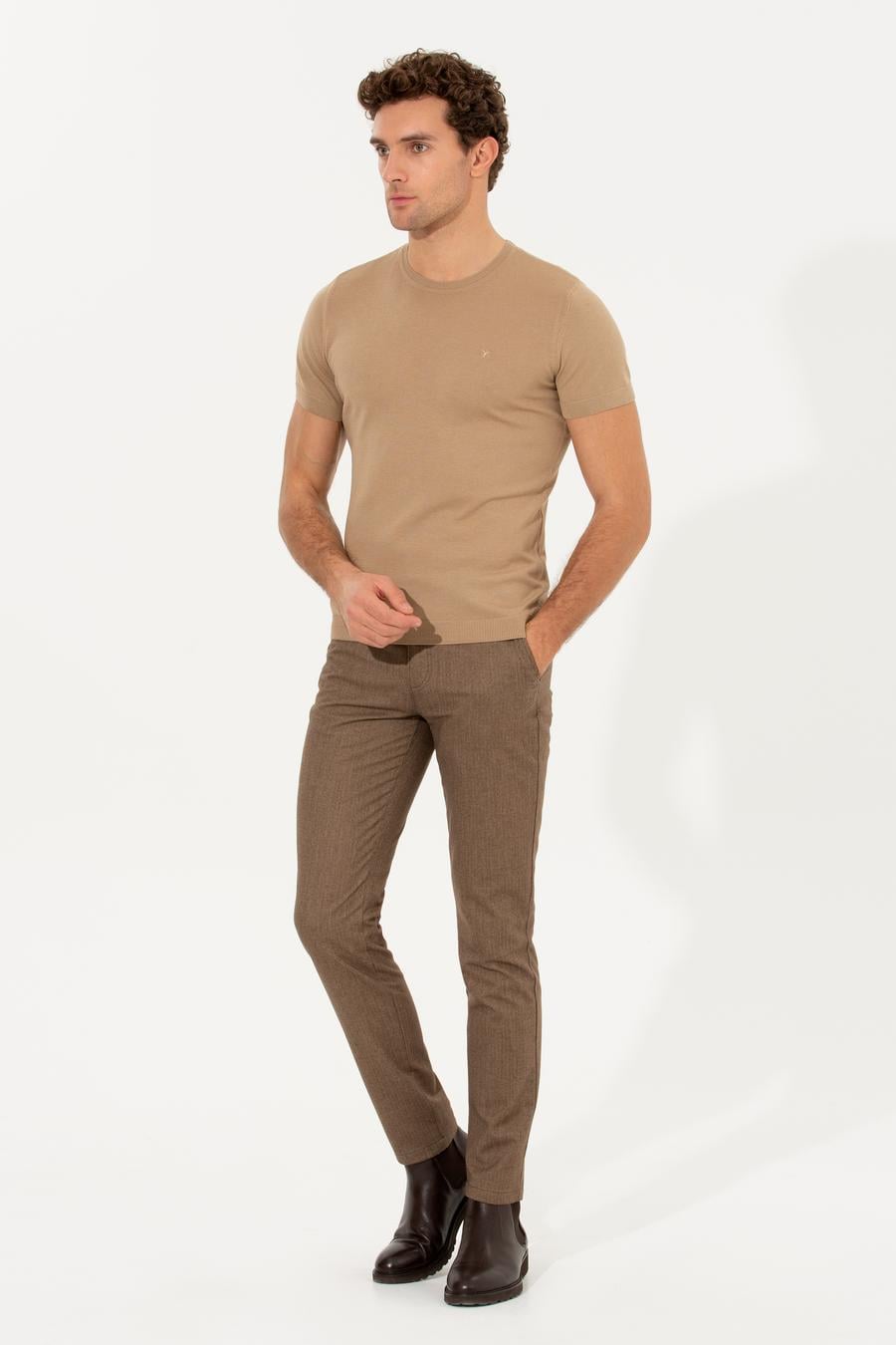 Bej Slim Fit Bisiklet Yaka Triko T-shirt - 50249549009