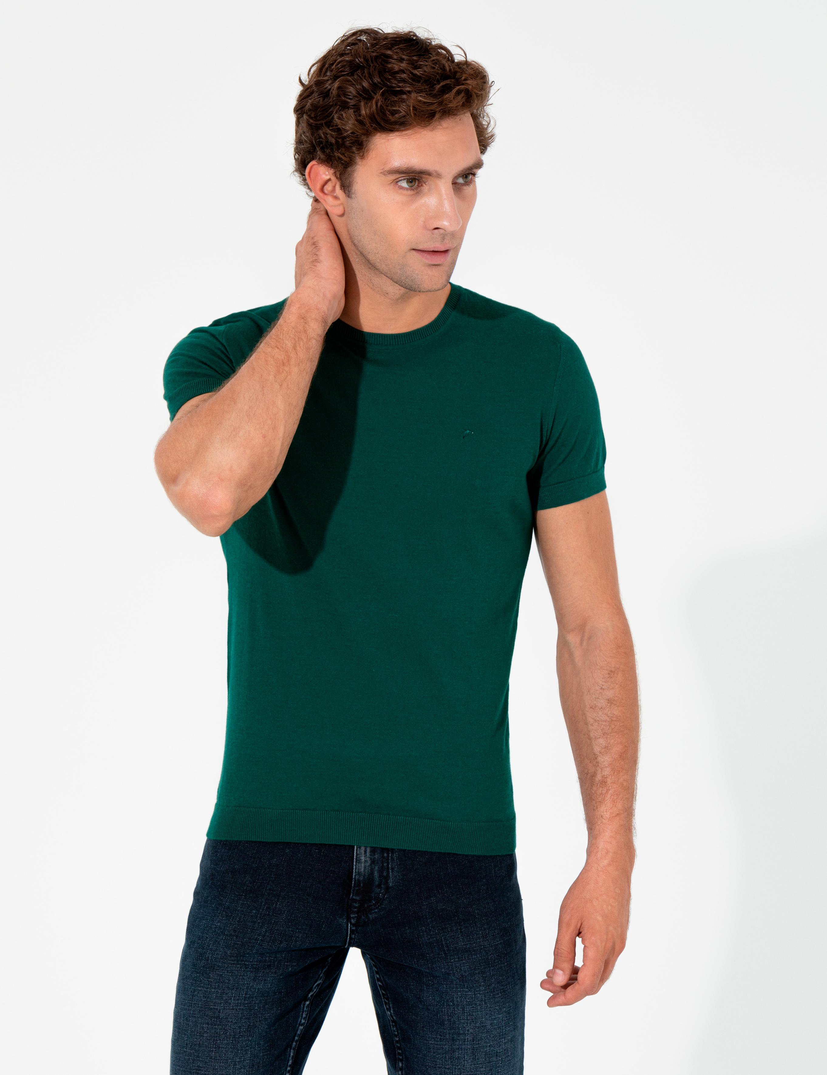 Koyu Yeşil Slim Fit Bisiklet Yaka Triko T-shirt - 50249549162