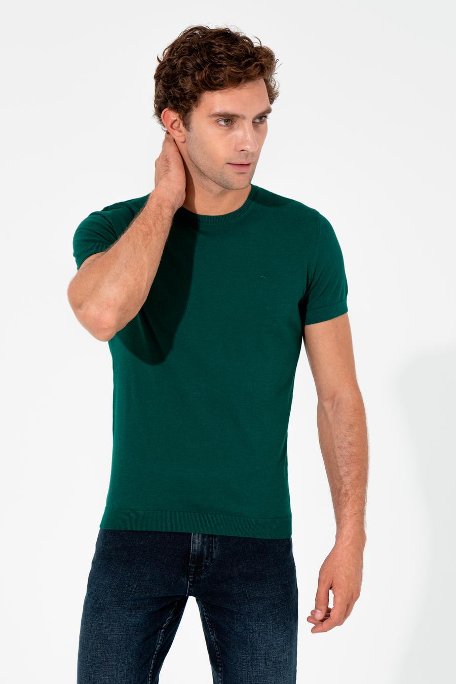 Koyu Yeşil Slim Fit Bisiklet Yaka Triko T-shirt - 50249549162
