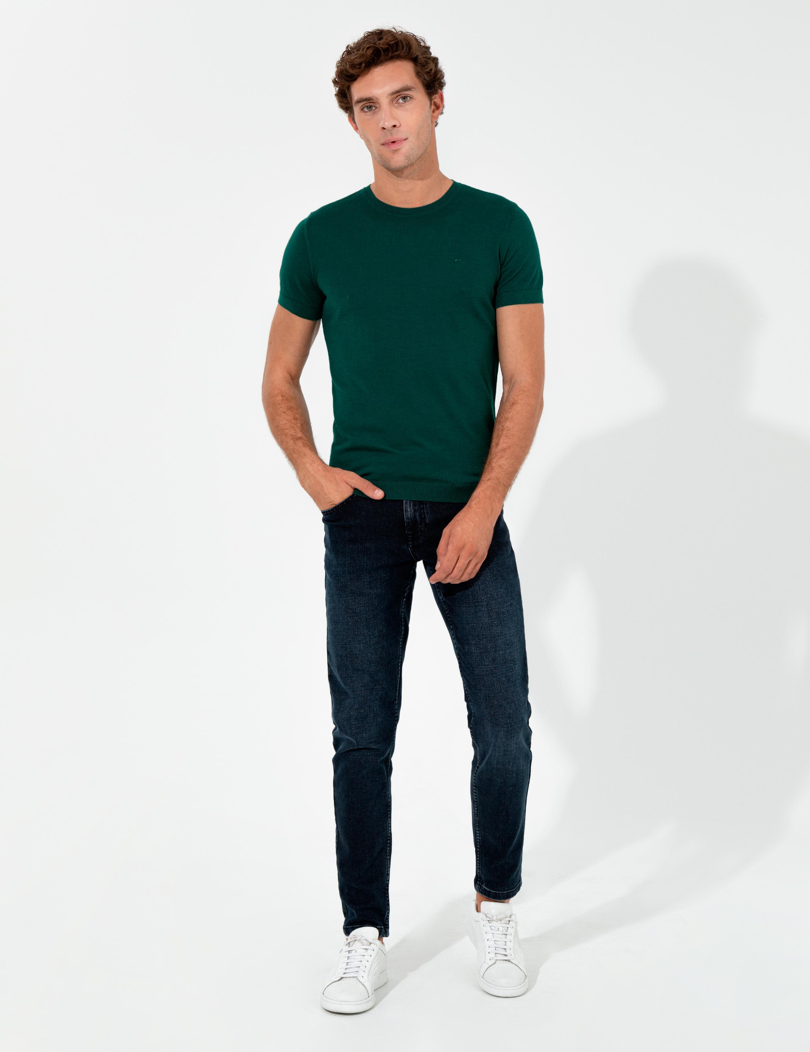 Koyu Yeşil Slim Fit Bisiklet Yaka Triko T-shirt - 50249549162