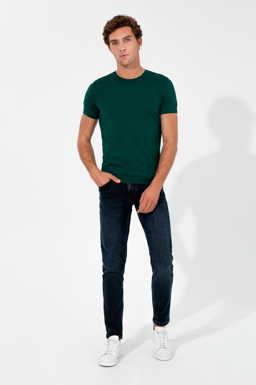 Koyu Yeşil Slim Fit Bisiklet Yaka Triko T-shirt - 50249549162