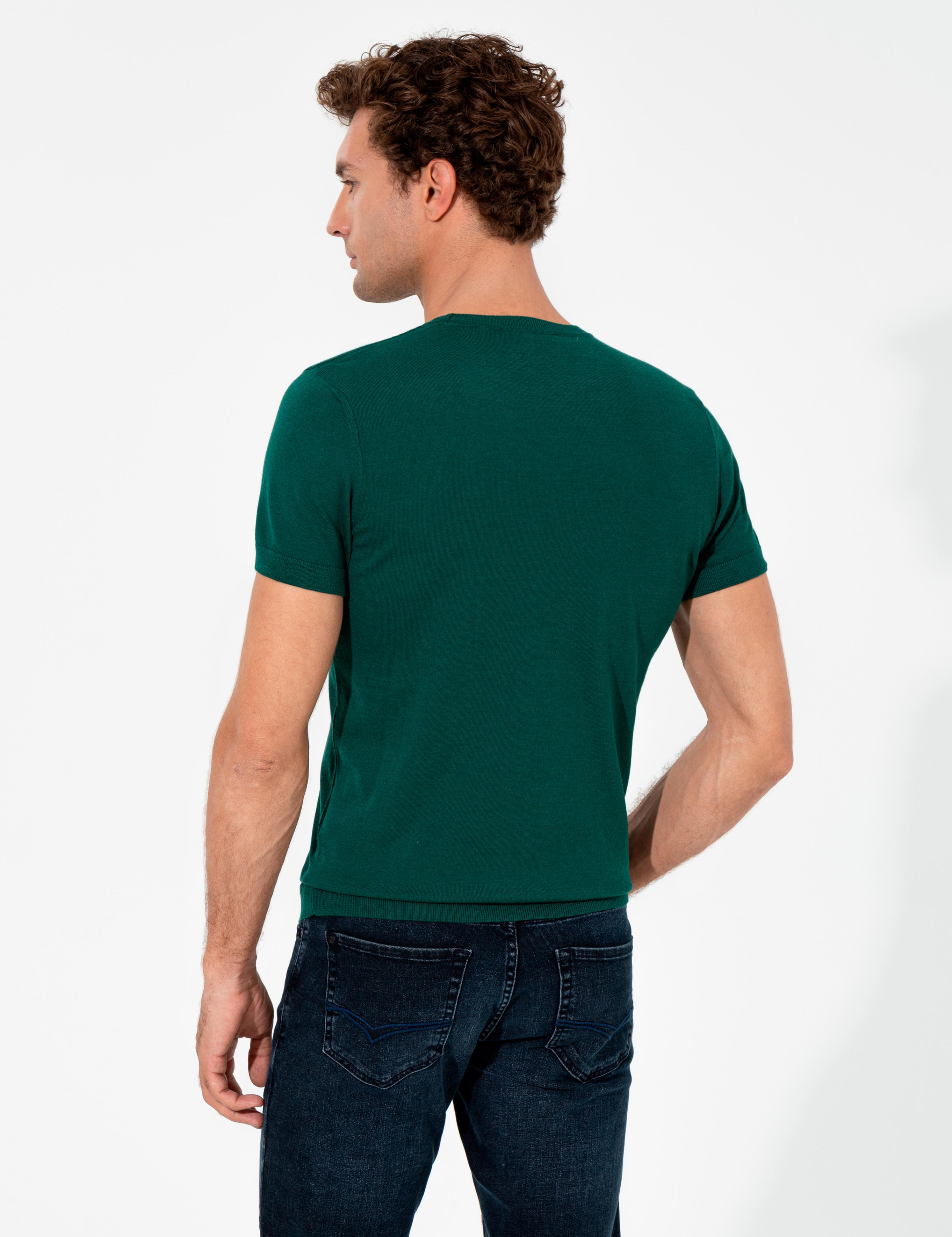 Koyu Yeşil Slim Fit Bisiklet Yaka Triko T-shirt - 50249549162