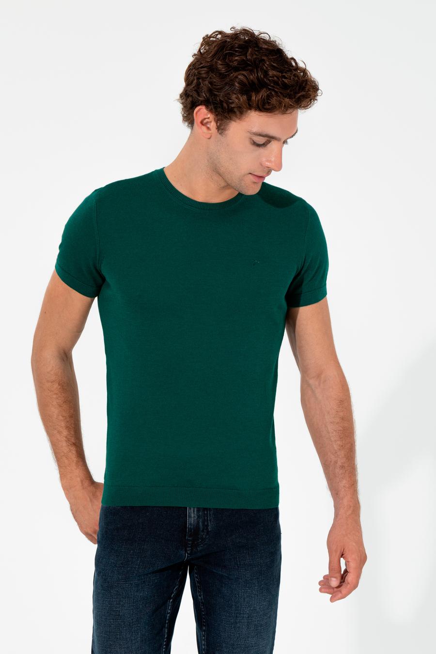 Koyu Yeşil Slim Fit Bisiklet Yaka Triko T-shirt - 50249549162
