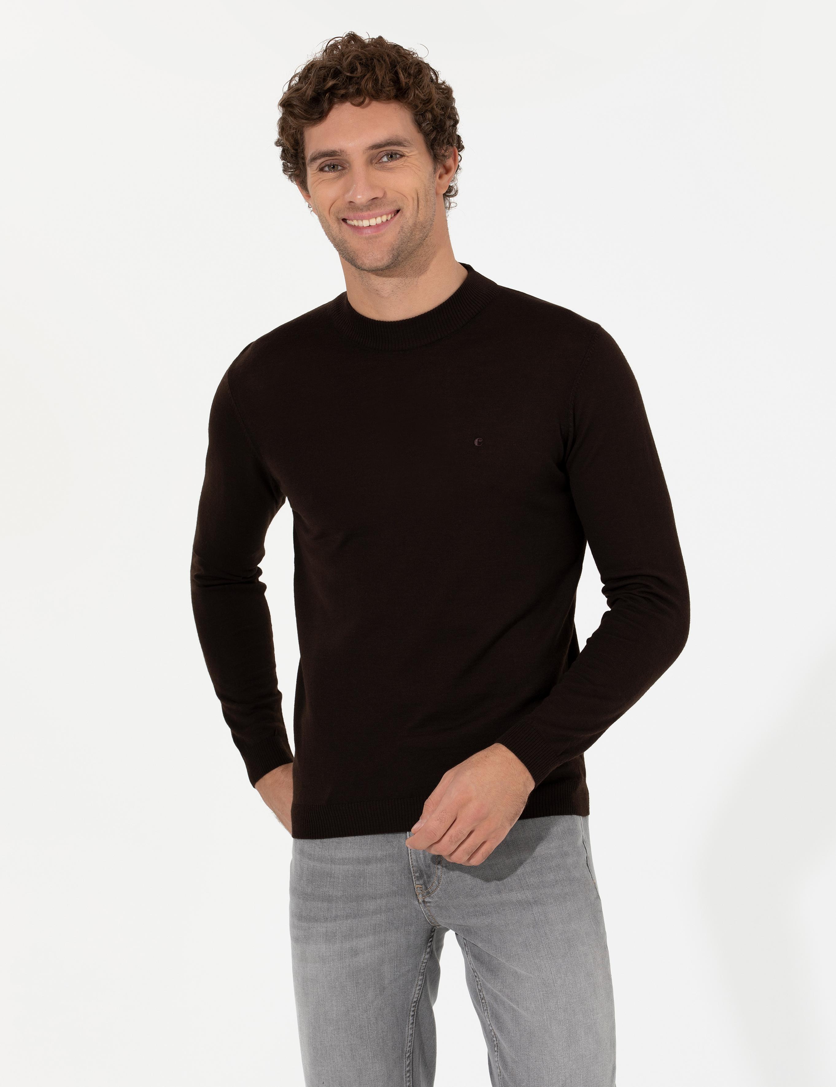 Kahverengi Slim Fit Bisiklet Yaka Basic Triko Kazak - 50257712123
