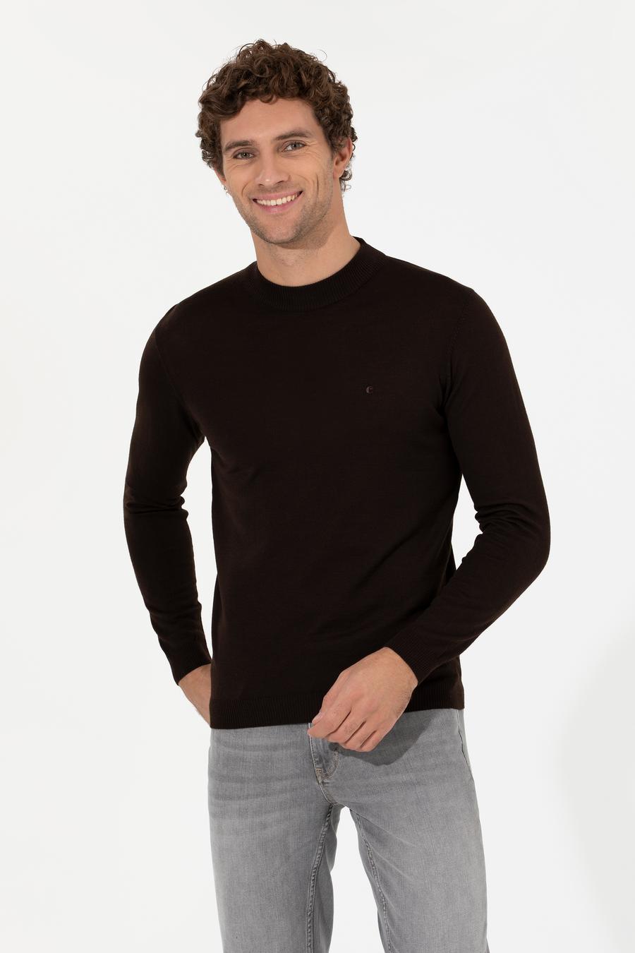 Kahverengi Slim Fit Bisiklet Yaka Basic Triko Kazak - 50257712123
