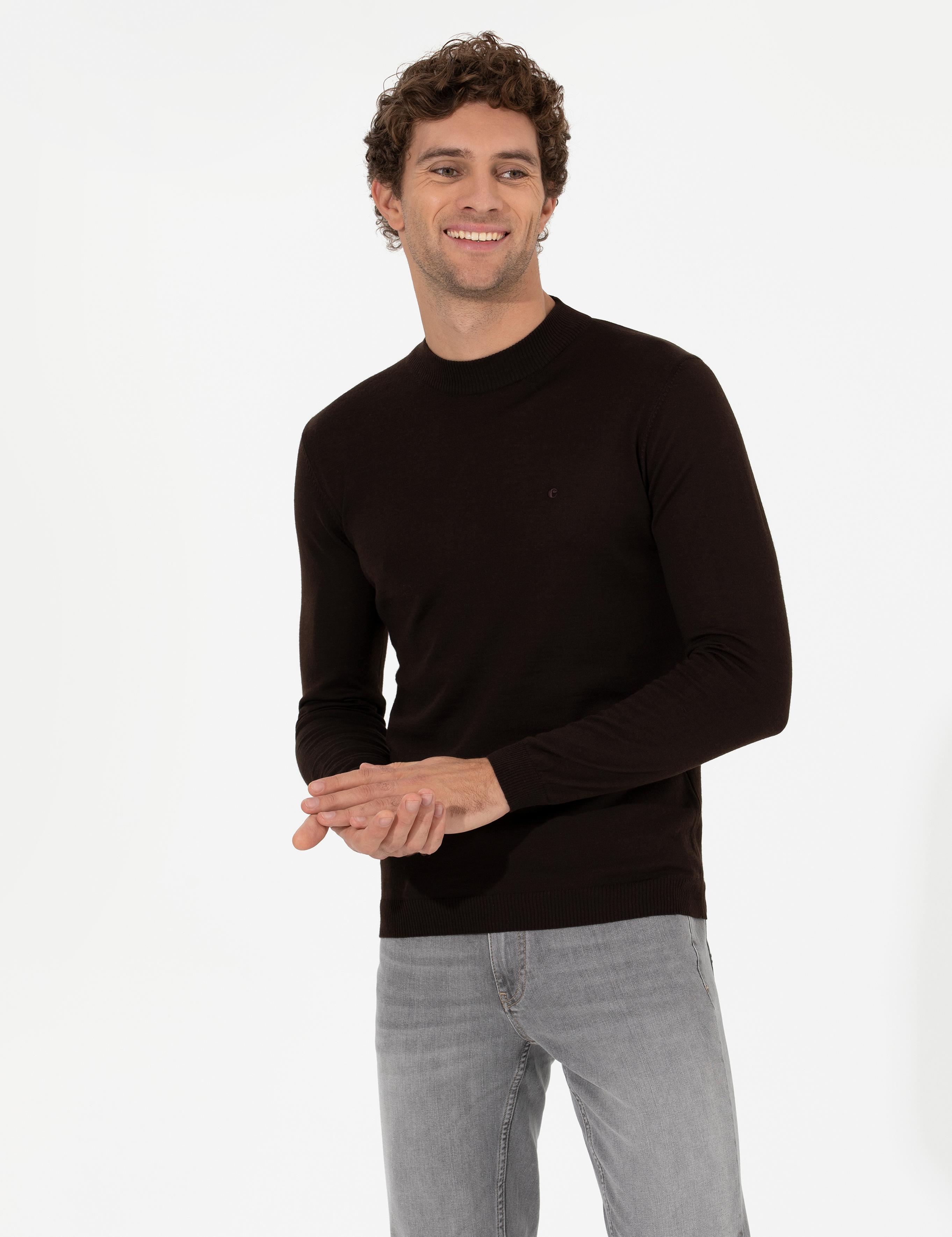 Kahverengi Slim Fit Bisiklet Yaka Basic Triko Kazak - 50257712123