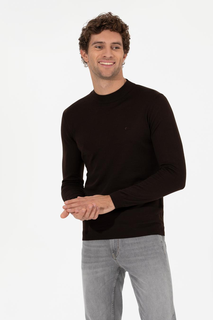 Kahverengi Slim Fit Bisiklet Yaka Basic Triko Kazak - 50257712123