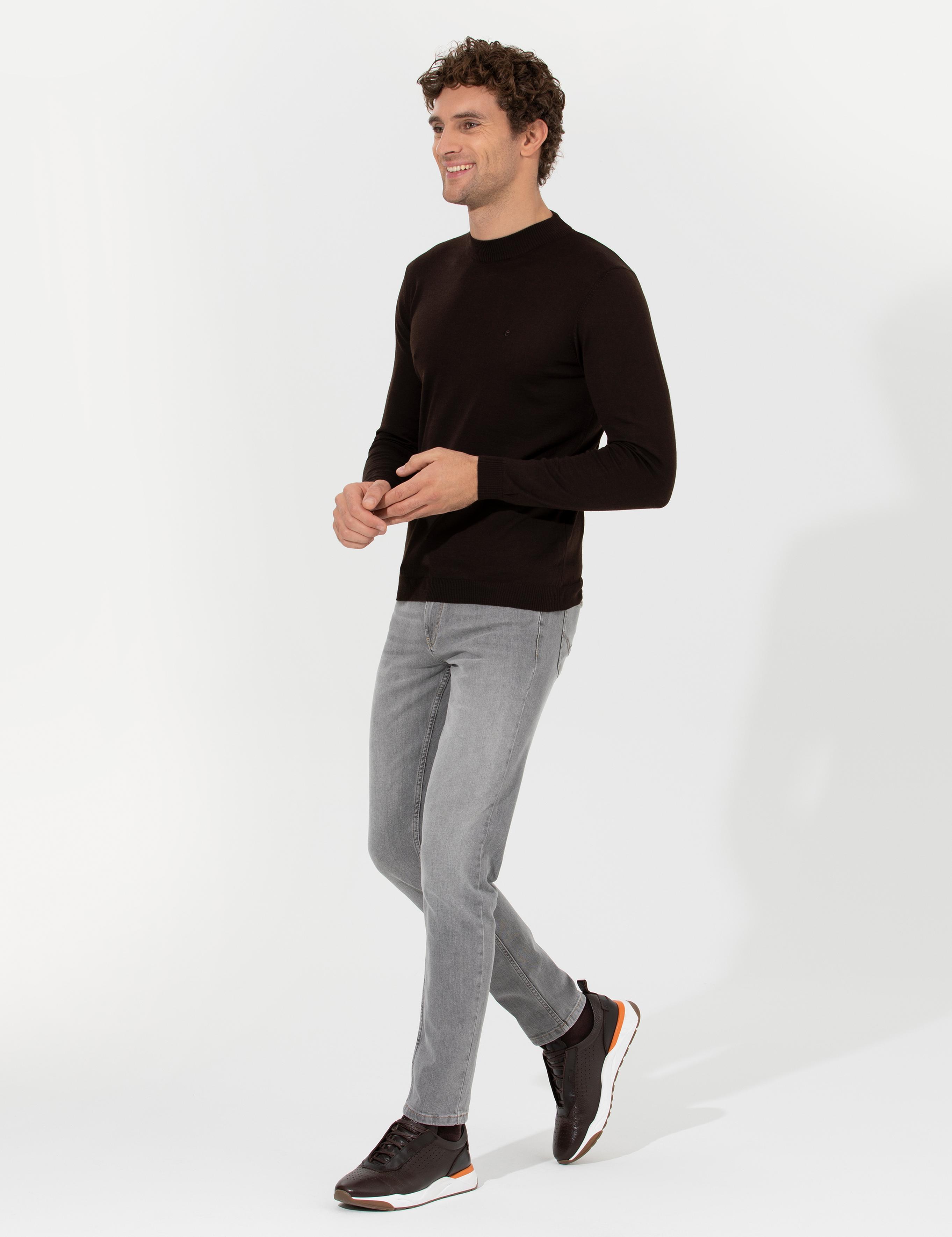 Kahverengi Slim Fit Bisiklet Yaka Basic Triko Kazak - 50257712123