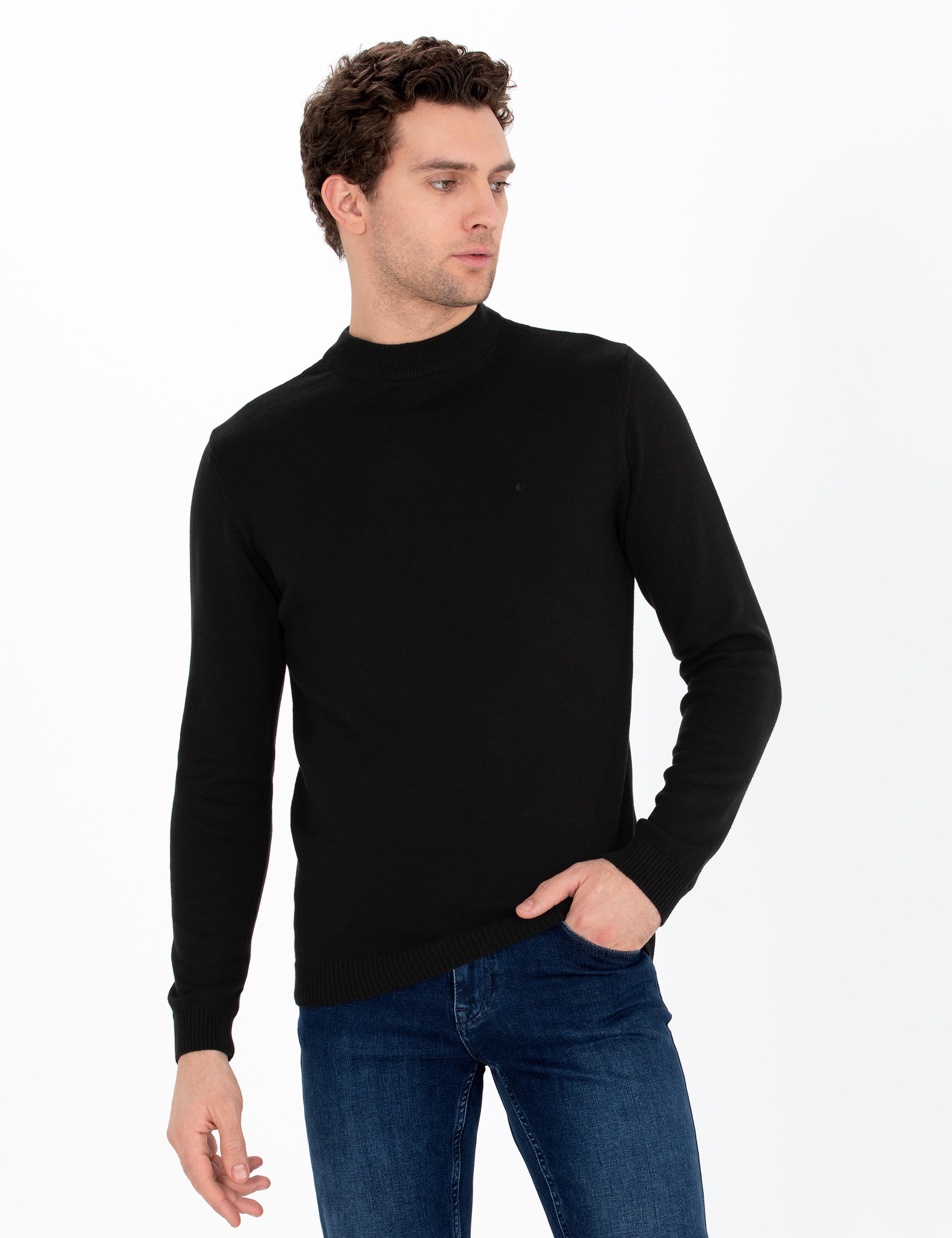 Siyah Regular Fit Çeyrek Balıkçı Yaka Basic Triko Kazak - 50260846009