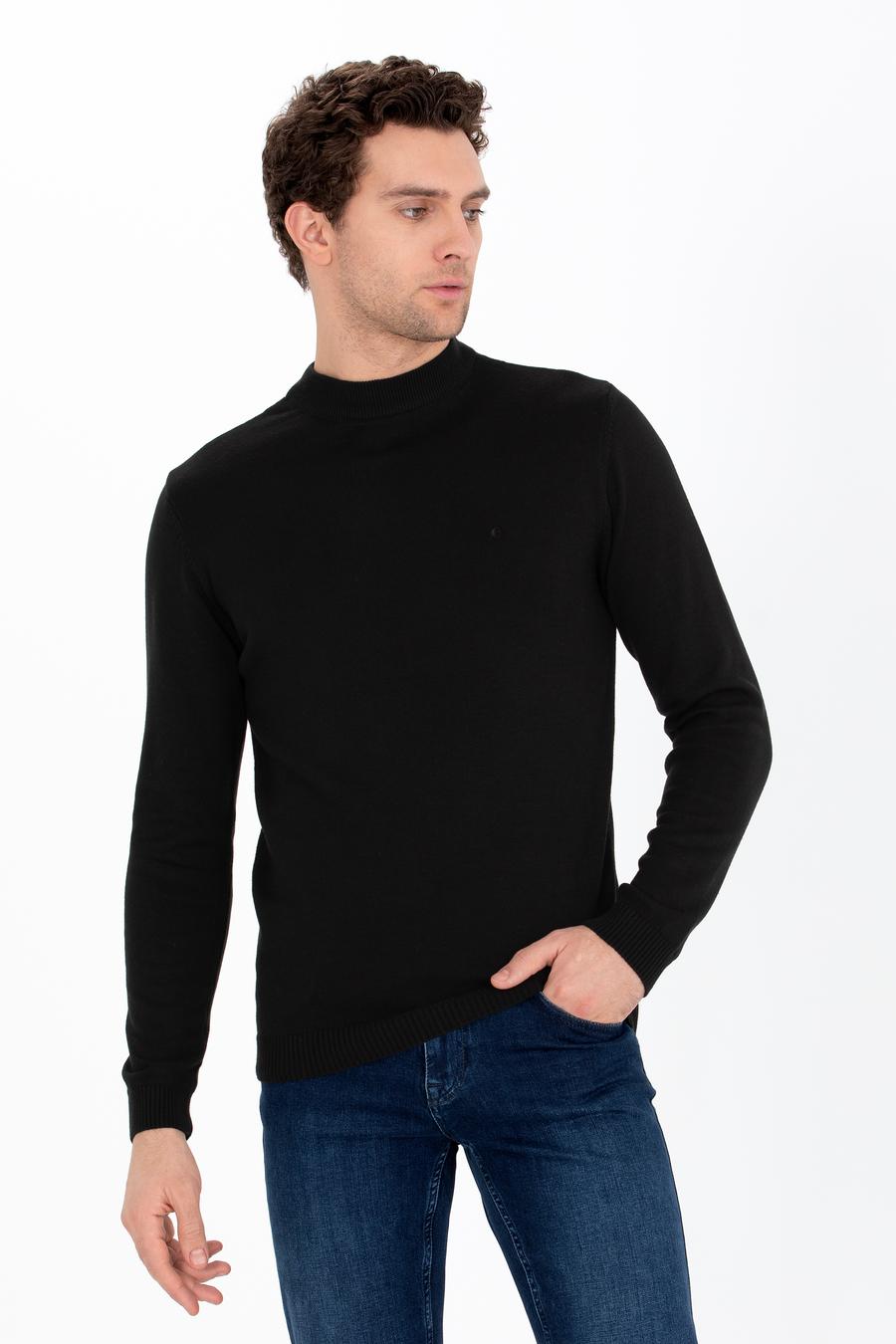 Siyah Regular Fit Çeyrek Balıkçı Yaka Basic Triko Kazak - 50260846009