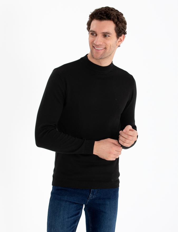 Siyah Regular Fit Çeyrek Balıkçı Yaka Basic Triko Kazak